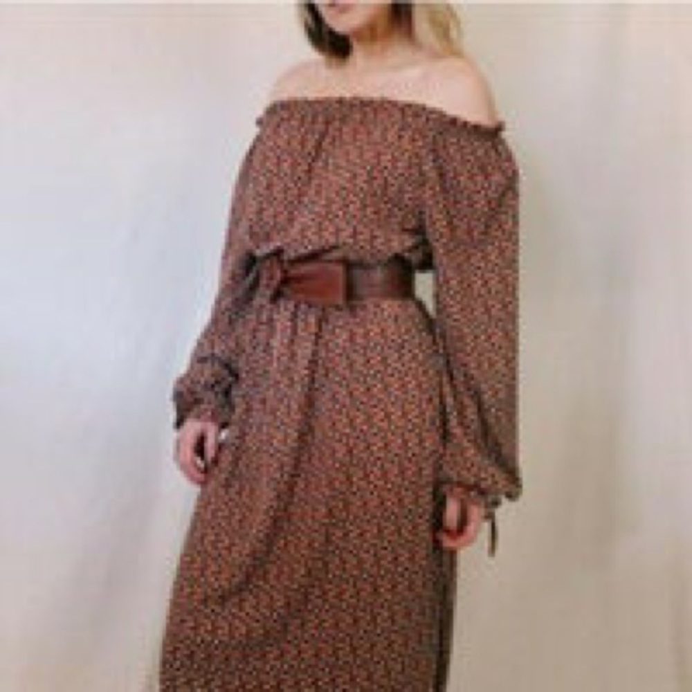 HAYDEN LOS ANGELES Brown navy bohemian off the shoulder long sleeve Maxi dress